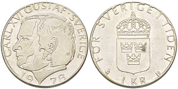 Швеция 1 крона 1978 U, Карл XVI Густав (1973- ) KM 852 медь плакированная медно-никелем 179-722