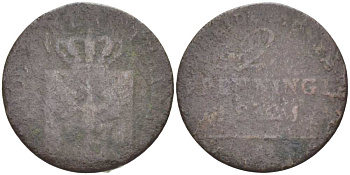 ПРУССИЯ 2 ПФЕННИГА 1821 ФРИДРИХ ВИЛЬГЕЛЬМ III (1797-1840) KM 406 медь 3309-328