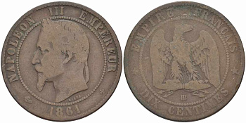 Франция 10 сантимов 1861 BB, Наполеон III (1852-1870) KM 798.2, Le Franc 134.3 бронза    4680-644