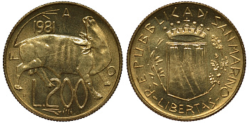 Сан-Марино 200 лир 1981 FAO, бык KM 123 алюминиевая бронза UNC M24-01