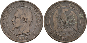 Франция 10 сантимов 1856 W, Наполеон III (1852-1870) KM 771.7, Le Franc 133.38 бронза 4574-436