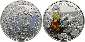 Франция 1 1/2 евро 2002 серия сказки, Пиноккио, эмаль KM 1842 серебро PROOF 1068-10-41