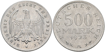 Германия 500 марок 1923 А KM 36, J.305 алюминий UNC 4574-842