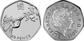 Великобритания 50 пенсов 2011 XXX летние Олимпийские игры в Лондоне в 2012 году, спортивная стрельба, в оригинальном картонном буклете, с Олимпийской голограммой (21/29) KM 1179 медно-никель  UNC  3-6-6-14
