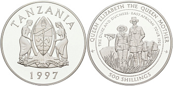 Танзания 500 шиллингов 1997 серия королева Елизавета-королева мать, граф и графиня в туре по восточной Африке 1925 год KM 47 серебро PROOF 1069-3-61