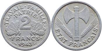 Франция 2 франка 1943 правительство Виши KM 904.1 алюминий 4397-722