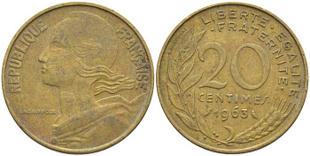 ФРАНЦИЯ 20 САНТИМОВ 1963 ТИП MARIANNE KM 930, LE FRANC 156.3 медь алюминий никель 175-812
