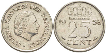 НИДЕРЛАНДЫ 25 ЦЕНТОВ 1958 ЮЛИАНА (1948-1980) KM 183 никель 214-927