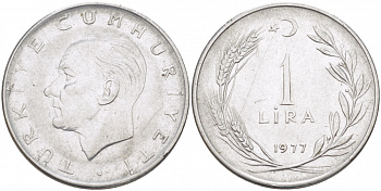 Турция 1 лира 1977 Мустафа Кемаль Ататюрк KM 889а.2 нержавеющая сталь 212-1235