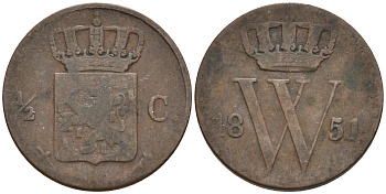 Нидерланды 1/2 цента 1851 Виллем III (1849-1890) KM 90 медь 4115-227