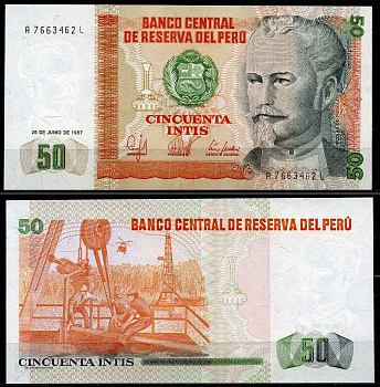 Перу 50 инти 1987 Николас де Пьерола, президент Pick 131 b бумага UNC (пресс) 447-52-2