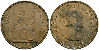 Великобритания 1 пенни 1964 Елизавета II (1952-2022) KM 897, Spink 4157 бронза 4120-341