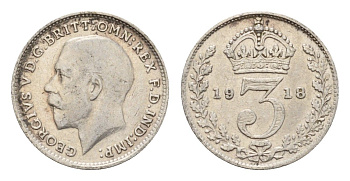 Великобритания 3 пенса 1918 Георг V (1910-1936) KM 813, Spink 4015 серебро 4644-228