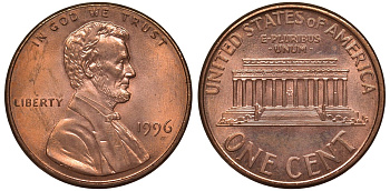 США 1 цент 1996 Линкольн KM 201b медь цинк 4128-612