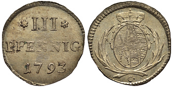 Саксония 3 пфеннига 1793 Фридрих Август III (1763-1806), из коллекции Gerhart Rother KM 965, Merseb. 2017 серебро UNC 413-6444