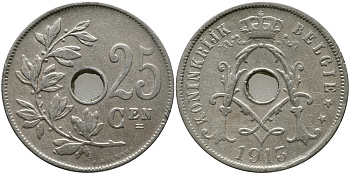 БЕЛЬГИЯ 25 САНТИМОВ 1913 BELGIE KM 69 медно-никель 94-1023