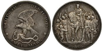 Пруссия 2 марки 1913 A, Вильгельм II (1888-1918), 100 лет победы над Наполеоном J.109, Weege 109, KM 532 серебро 3711-942