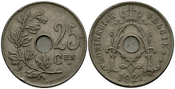 Бельгия 25 сантимов 1921 Belgie KM 69 медно-никель 4165-821