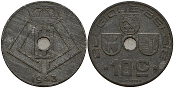 Бельгия 10 сантимов 1943 Belgique - Belgie, Леопольд III (1934-1947), германская оккупация, Вторая мировая война KM 125 цинк 4161-322