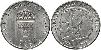 Швеция 1 крона 1977 U, Карл XVI Густав (1973- ) КМ 852 медь плакированная медно-никелем 202-514