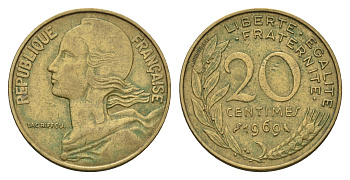 Франция 20 сантимов 1969 тип Marianne KM 930 медь алюминий никель 4681-657