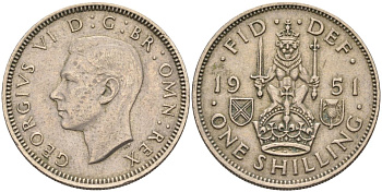 Великобритания 1 шиллинг 1951 Георг VI (1936-1952), Шотландский герб KM 877, Spink 4109 медно-никель 4126-416