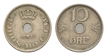 Норвегия 10 эре 1937 Хокон VII (1905-1957) KM 383 медно-никель 4632-1124