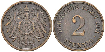 ГЕРМАНИЯ 2 ПФЕННИГА 1911 E KM 16, J. 11 медь 175-246