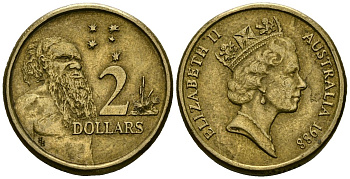 Австралия 2 доллара 1988 абориген, Елизавета II (1953-) KM 101 алюминиевая бронза 4138-923