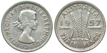 Австралия 3 пенса 1957 m, Елизавета II (1952-2022) KM 57 серебро 71-547