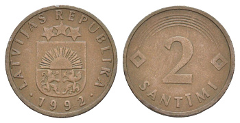 Латвия 2 сантима 1992 KM 21 сталь плакированная медью 4627-1243