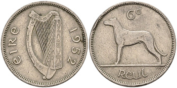 Ирландия 6 пенсов 1952 ирландский волкодав KM 13a медно-никель 4146-443