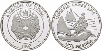 Тонга 1 паанга 1992 XXVI летние Олимпийские игры 1996 года в Атланте, парусный спорт KM 156 серебро PROOF 1080-5-22