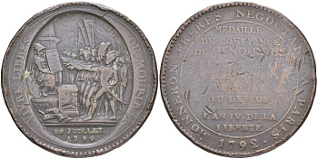 Франция 5 солей (су) 1792 LAN 4, революции, токен, VIVRE LIBRAS OU MOURIR ("Жить свободным или умереть", MONNERON FRERES NEGOCIANS A PARIS (Торговцы братья Моннерон. Париж). KM Tn31, Guilloteau 291, Mazard 145 бронза 4552-925