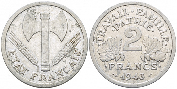 Франция 2 франка 1943 правительство Виши KM 904.1 алюминий 4402-937