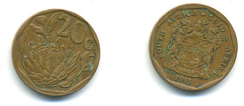 ЮАР 20 центов 1993 герб, цветок протея KM 136 сталь плакированная латунью 177-513