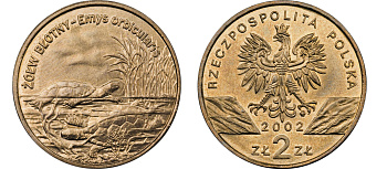 Польша 2 злотых 2002 MW, серия сохраним наш мир, болотные черепахи KM 427 нордик UNC 4526-622