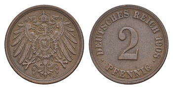 Германия 2 пфеннига 1908 A, Вильгельм II (1888-1918) KM 16, J. 11, Weege 4 медь 4639-1217