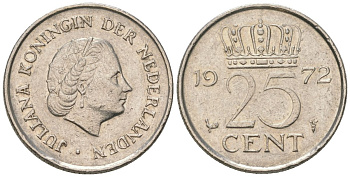Нидерланды 25 центов 1972 Юлиана (1948-1980) KM 183 никель 4564-1127