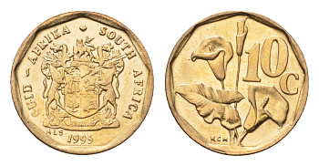 ЮАР 10 центов 1995 герб, цветок алоэ KM 135 сталь плакированная бронзой UNC 4694-722