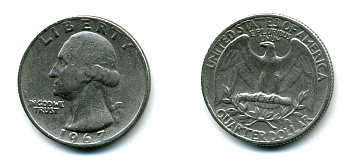 США 25 центов (квотер) 1967 Вашингтон KM 164a медь плакированная медно-никелем 72-621
