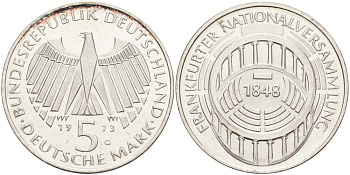 ФРГ 5 марок 1973 G, 125 лет Франкфуртскому парламенту J. 412, KM 137 серебро 88-231