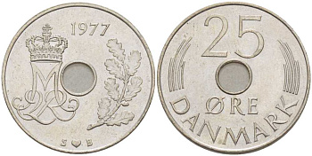 ДАНИЯ 25 ЭРЕ 1977 S; B, МАРГРЕТЕ II (1972-) KM 861.1 медно-никель 94-713