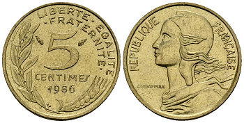 Франция 5 сантимов 1986 KM 933 алюминиевая бронза 4173-944
