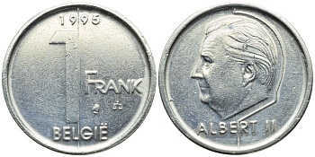 БЕЛЬГИЯ 1 ФРАНК 1995 BELGIE KM 188 железо плакированное никелем 4392-866