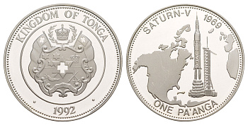 Тонга 1 паанга 1992 Сатурн-5 KM 158 серебро PROOF 1091-4-21
