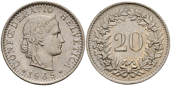 Швейцария 20 раппенов 1969 KM 29a медно-никель 4150-1252