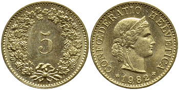 Швейцария 5 раппенов 1982 KM 26с алюминий латунь 4396-1129