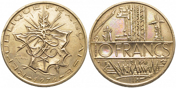 Франция 10 франков 1976 тип Матье KM 940, Le Franc 365.7-8 никель латунь 110-1033