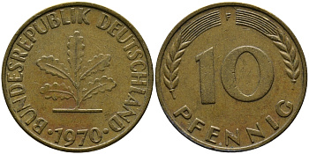 ФРГ 10 ПФЕННИГОВ 1970 F KM 108, J.383 сталь плакированная латунью 33-122